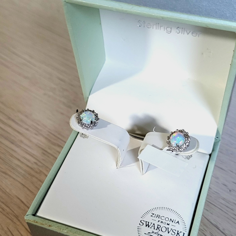 NIB • sterling silver zirconia opalescent studs with halo